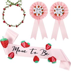 Xinnun 4 Pieces Strawberry Baby Shower Decorations for Mom and Dad Corsage Pin with Flowers Crown Mom to Be Sash Strawberry Baby Shower Party Favors Gender Reveal Gift