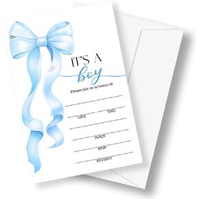 It's a Boy Baby Shower Invitations with Envelopes, 25 Sets, Watercolor Blue Bow Baby Shower Invites for Party Supplies, 4"x6" A05