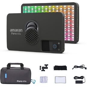 Amaran Pano 60c Kit ، Compact 60W RGBWW Light Full Panel Light ، دعم USB-C PD ، CCT 2،300K-10،000K ، 12 efects الإضاءة ، التحكم في التطبيق مع الإضاءة الخفيفة للاستوديوهات الخفيفة (الفحم)