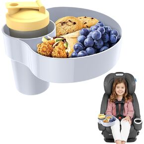Car Seat Cup Holder Snack Tray for Kids – Travel Tray for Car, Booster, Stroller, Outdoor Essentials Kit. Universal Adjustable Tray with Detachable Base for Snacks, Toys, Food (1, Grey)