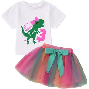 Sofeon Toddler Baby Girl Birthday Cake Smash Smash Smash T-Rex Dinosaur There Sleeve T-Shirt Typertulfull Tutu Skirt Set 1-6y