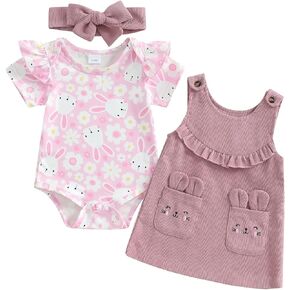 Infant Baby Girl Easter Outfit Short Sleeve Romper Bunny Suspender Skirt Headband Newborn Overall Dress Clothes Set