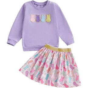 Toddler Girl Easter Outfit Cute Bunny Letter Embroidery Sweatshirt Party Tutu Tulle Skirt Kids Spring Clothes