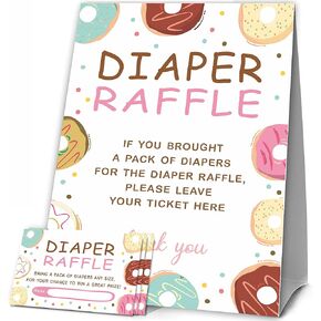 Baby Shower Games, 1 Diaper Raffle Standing Sign with 50 Diaper Raffle Tickets,Donut Love Theme Babyshower Party Decorations and Supplies For Boys or Girls(LBLK-B12)