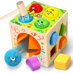 Whack a Mole Game, Wooden Fine Motor Skills Shape Sorting Cube Montessori Toys for Toddlers 1-3, Shape Sorter Sensory Toys for 1 Year Old Boy and Girl Birthday Gift