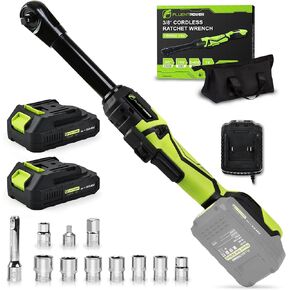 3/8" Cordless Electric Ratchet Wrench Set, 6" Extended 74 ft-Lbs 400 RPM 18V Brushless Power Tools Kit with Variable Speed, LED Light, 8 Sockets, 2x2.0Ah Battery&Charger