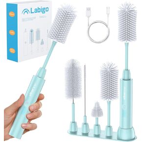LABIGO Electric Bottle Brush Cleaner Set, Bottle Brush Cleaner with IPX7 Waterproof and 2 Adjust Speeds, 4 Replace Brush Heads for Baby Bottle, Coffee Cup, Mug, Sports Bottle, Glass Cup, Light White