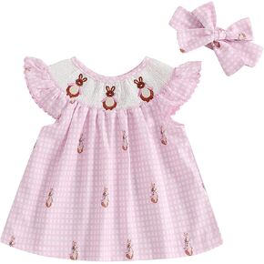 Madjtlqy Toddler Baby Girl Easter Outfit Dress Bunny Embroidery Striped Ruffled Sleeve Dresses