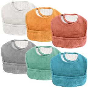Baby Bibs for Drooling and Teething - 6 Pack Dual Usage Soft Cotton Muslin Bibs for Baby Boys & Girls with Hidden Pocket, Extra Absorbent, Easy to Put On for Toddler, Newborn, Infant