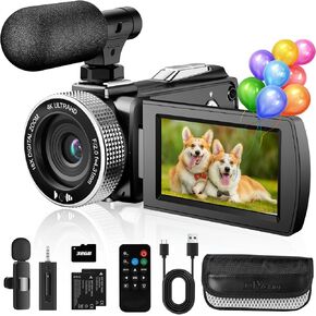 Camcorder Video Camera 4K 60FPS 48MP Vlogging Camera for TikTok YouTube with Wireless Lavalier Lapel Microphone, 18X Digital Camcorder 3.0" IPS Screen Digital Camera Recorder with Remote