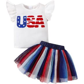 Toddler Girl 4th of July Dress Ruffle Sleeveless USA T-Shirt Rainbow Striped Tulle Dress Skirt Fourth of July Outfit