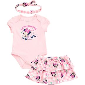 Disney Minnie Mouse Baby Girls Bodysuit, Skirt and Headband 3 Piece Outfit Set Newborn to Infant Sizes (Newborn - 24 Months)