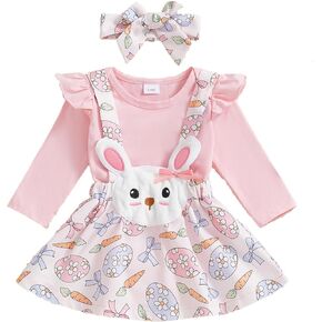 Springcmy Baby Girl Easter Outfit Long Sleeve Romper+Rabbit Suspender Skirt Overall+Headband My 1st Easter 3Pcs Clothes