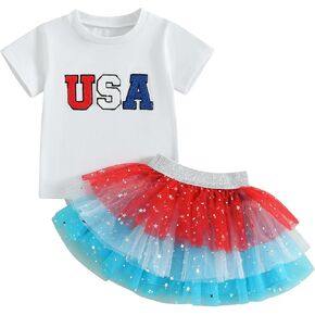 Toddler Baby Girl 4th of July Outfit Letters Embroidery Short Sleeve T Shirt Star Tulle Tutu Skirt Set Summer Clothes
