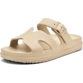 Women's Flat Sandals with Arch Support, Summer Beach Slides Adjustable Buckle, Comfort Lightweight Cushion Slip on H-Strap Sandal