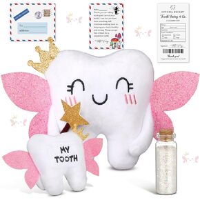 Tooth Fairy Pillow Kit Includes Toothfairy Pillow with Pocket Fairy Glitter Receipt Envelope Card, Toothfairy Plush Keepsake Gift for Kids Boys Girls Souvenir (Cute Style)