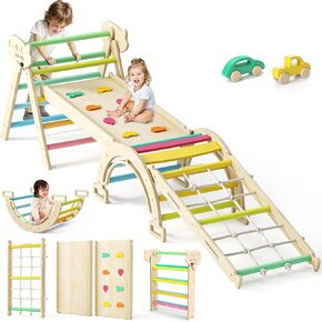 8 in 1 Pikler Triangle Set, 2025 Larger Climbing Toys for Toddlers, Foldable Wooden Montessori Climbing Set with Arch, Ramp, Ladder and Slide Baby Indoor Playground Jungle Gyms for Kids