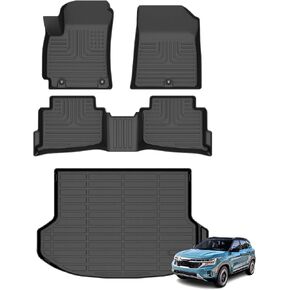 Floor Mats & Cargo Liner for Kia Seltos 2020-2023 (Cargo Area with Subwoofer) All Weather Automotive TPE Set Anti-Slip Waterproof Floor Liners Accessories (Car Mats+Trunk Mat) Black