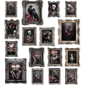 97 Decor 16 Pcs Floral Gothic Decor for Home - Pink Skull Wall Decor, Goth Room Decor, Creepy Halloween Wall Decor, Spooky Art Prints Skull Pictures Gothic Posters for Bathroom Bedroom (8x10 Unframed)