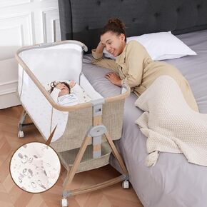 Baby Bassinet Bedside Sleeper - 3 in 1 Bassinets with Waterproof Sheets, Soft Mattress and Breathable Mesh, Adjustable Height Bedside Bassinet for Baby with Wheels, Storage Basket, Gray