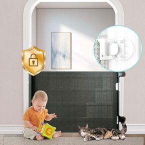 No-Drill Retractable Baby Gates for Stairs with Auto-Lock,33" Tall,Extends up to 55" Wide Mesh Baby Dog Pet Cat Gate with Double Lock for Doorways,Child Gate for Hallways Kitchen Indoor Outdoor Grey