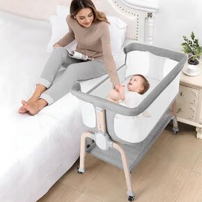 Cowiewie Bassinet Bedside Sleeper, Breathable Baby Bedside Bassinet and Mattress, Lightweight and Portable for Bedside Sleeping, Light Grey
