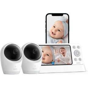 eufy Baby Monitor E21 with 2 4K UHD Cameras, 5'' 720p Display, Hybrid Wi-Fi and No Wi-Fi Connection, App and Monitor Control, Pan-Tilt, 8× Zoom, Portable Camera with Built-in Battery, ANR