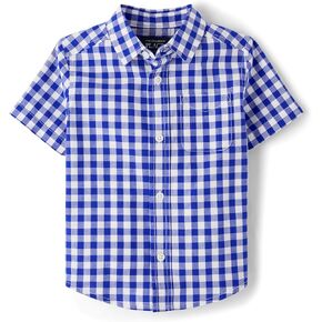 The Children's Place,Baby Boys,and Toddler Poplin Short Sleeve Button Down Shirt,Renew Blue Plaid,18 Months,24 Months