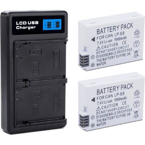 2-Pack LP-E8 Battery with USB-C Dual Charger Compatible with Canon EOS Rebel T2i, T3i, T4i, T5i, 550D, 600D, 650D, 700D, Kiss X4, X5, X6i, X7i Cameras &More(Not for T2 T3 T4 T5) 1900 mAh