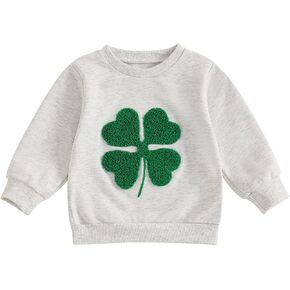 Toddler Baby Boy Girl St Patricks Day Outfit Clover Embroidery Crewneck Sweatshirt Long Sleeve Pullover Shirt Top