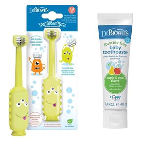 Dr. Brown's Tustanccrubber Toddler Frhrush & Fluoride Fluoride Backdle ، فرشاة أسنان تدريب ثلاثية على الوجهين ، تتراوح أعمارهم بين 1-4 سنوات ، نكهة الكمثرى التفاح ، حزمة واحدة ، 1.4 أوقية/40 جم ، 0-3 سنوات