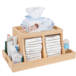 Diaper Caddy Organizer, Changing Table Organizer, Wooden Diaper Organizer for Nursery, Baby Diaper Storage Organizer with Removable Dividers (White, Rectangular Size)