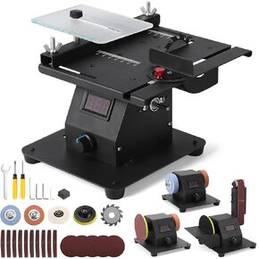 Mini Multi-functional Table Saw, 4 in 1 Table Saws with Dual Bench Grinder, 0-90° Adjust Belt Sander & Polishing Machine, 7 Speed Adjust & LED Display Table Saw for DIY Crafts, Cutting & Sanding