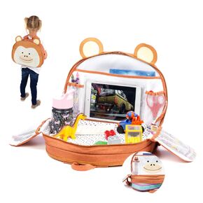 Lulyboo Toddler Car Seat Tray and Backpack - Tray Table Cover - Airplane Travel Tray with Firm Writing Surface - Kids Travel Tray Built-in Cup Holder and 8 Storage Pockets with Kids Lap Desk, Monkey