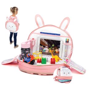 Lulyboo Toddler Car Seat Tray and Backpack - Tray Table Cover - Airplane Travel Tray with Firm Writing Surface - Kids Travel Tray Built-in Cup Holder and 8 Storage Pockets with Kids Lap Desk, Bunny