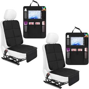 4 Pack Non-Slip Car Seat Protector and Backseat Organizer Kick Mat with Tablet Holder, Large Waterproof Car Seat Protector with Storage Pockets for Leather and Fabric