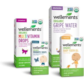 Wellements Organic Newborn Essentials Bundle | Organic Gripe Water 4 fl Ounce, Organic Multivitamin Drops 1 fl oz, Organic Baby Tooth Oil 0.5 fl oz, Organic Probiotic Drops 0.25 fl oz