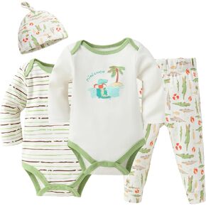 Baby Boys Infant Layette Set Cartoon 4-Piece Bodysuits Pants Set Baby Essentials Gift Set 100% Cotton