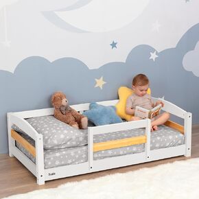 Montessori Floor Bed for Toddlers – Crib-Sized Toddler Bed with 2 Openings, Low Height Wooden Frame – Safe & Breathable Design for Baby, Infant, and Child - White