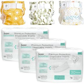 Super Boosties 90ct + Honest Hybrid Cloth Diaper Cover with Pocket-Sling, Large (22-40 lbs), Stops Nighttime Leaks, Boosties Disposable Diaper Inserts, Honest Cotton Muslin Covers, 3 Pack