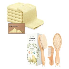 KeaBabies Baby Washcloths for Newborn, Kids and Baby Hair Brush and Baby Comb Set - Bath Baby Towels, Face Towel, Face Cloths - Wooden Baby Brush with Soft Goat Bristle