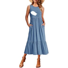 Women Nursing Dress Sleeveless Crew Neck Maternity Flowy Maxi Tiered Cocktail Sundress with Pockets