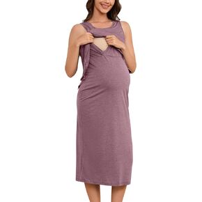 OUGES 2025 Sleeveless Maternity Nuring Dresses for Women Crew Neck Midi Length Easy Breastfeeding Clothes S-XXL