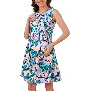 Womens Nursing Dress for Breastfeeding Sleeveless Drawstring Maternity Dress with Pockets