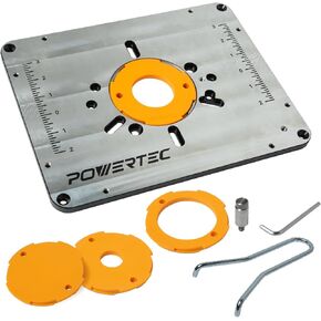 POWERTEC Aluminum Router Table Insert Plate with Reducer Rings, Leveling Screws, and Starting Pin – Compatible with Bosch, DeWalt, Makita, and Other Brands for Woodworking with Router Tables (71850)