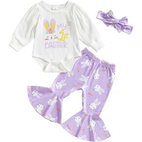 Karuedoo Newborn Baby Girl Easter Outfit Letter Print Puff Sleeve Romper Bunny Bell Bottom Pants Headband 3Pcs Clothes Set