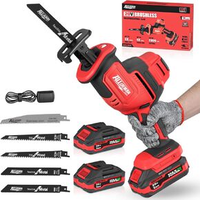 Alloyman Reciprocating Saw, 20V Brushless Cordless Battery Power Saw, with 2 X 2.0Ah Batteries & Charger, 0-2800 SPM Variable Speed, Tool-Free Change, 5 PCS Blades for Wood Metal PVC Pipe Tree Cutting