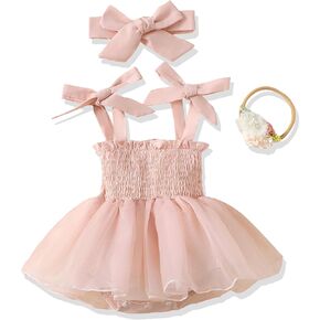 Renotemy Baby Girl Tulle Dress Sleeveless Romper Smocked Halter 1st Birthday Clothes Cake Smash Outfits with Flower Headband