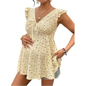 MakeMeChic Women's Maternity Tee Floral V Neck Ruffle Sleeve Tie Front Peplum Pregnancy Tops