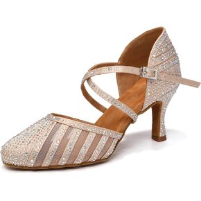 Women Ballroom Dance Shoes Rhinestone Closed Toe Latin Salsa Performance Dancing Shoes Suede Sole